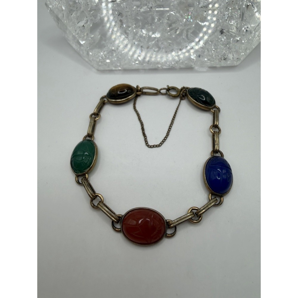 VINTAGE 1950'S SYMMETALIC 14K GOLD STERLING SILVER‎ SCARAB BRACELET SAFETY CHAIN